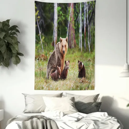 Vista 7 de Ambesonne Tapiz de naturaleza, madre salvaje, oso grizzly protegiendo a sus bebés en el bosque, estampado de animales de la selva, colgante de pared