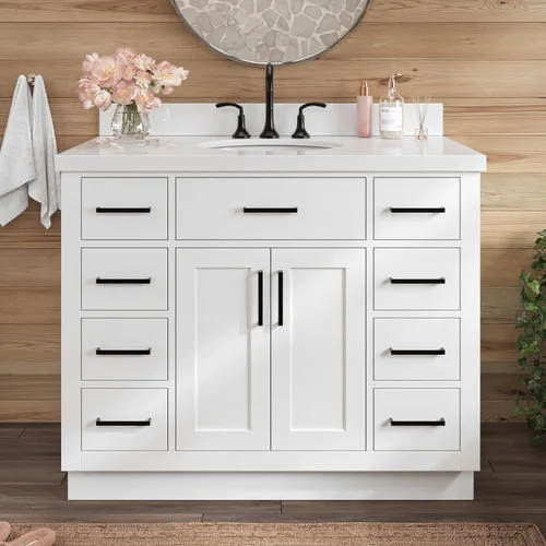 Vista 97 de ARIEL Hepburn - Tocador de baño de 30 pulgadas con fregadero, madera maciza, encimera y protector contra salpicaduras de cuarzo blanco puro de 1.5