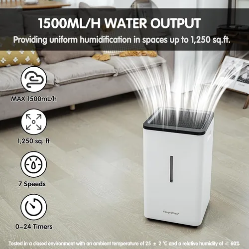 Vista 7 de Humidificador evaporativo YougetTech 6.5L, 50.7 fl oz/h, 7 velocidades No-mist whole-room humidifier. 7 speeds, auto humidistat, top-fill. Covers