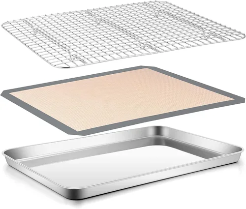 Vista 12 de E-far - Juego de bandejas para hornear para horno tostador, bandeja pequeña de acero inoxidable de 10.5 x 8.3 pulgadas con rejilla de alambre