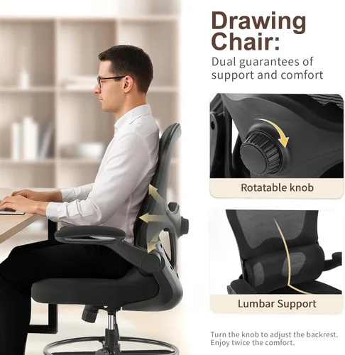 Vista 4 de Karlhome - Silla ergonómica de dibujo con soporte lumbar y reposabrazos abatibles, silla de oficina giratoria alta con anillo reposapiés de altura
