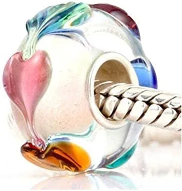 Vista 2 de Abalorios de cristal de Murano auténticos dijes de plata de ley 925 con núcleo de flor roja, corazón rosa, cuentas de vidrio blancas y amarillas