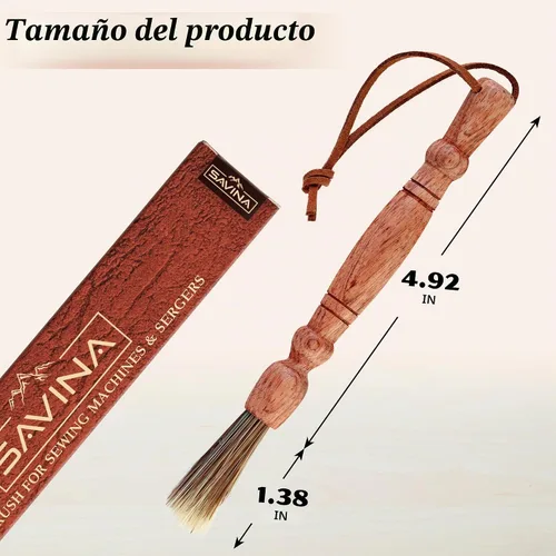 Vista 3 de Savina Cepillo de limpieza para máquinas de coser y sergers - Herramienta de coser, cepillo de pelusa de madera con una correa para colgar