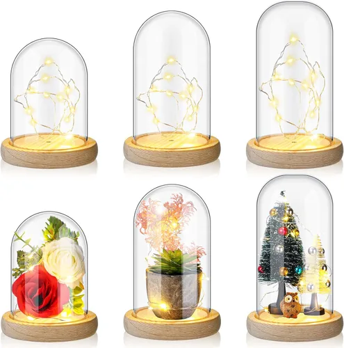 Vista 7 de Roowest 12 piezas de cúpula de plástico Cloche con base de madera rústica y luz LED cúpula de plástico para decoración de mesa de boda rosa centro