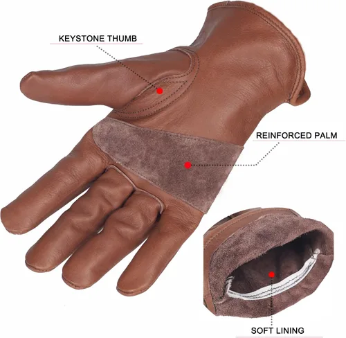 Vista 2 de Guantes de trabajo de cuero de vaca marrón retro para construcción, jardinería y trabajo en el jardín con palma reforzada para hombres y mujeres