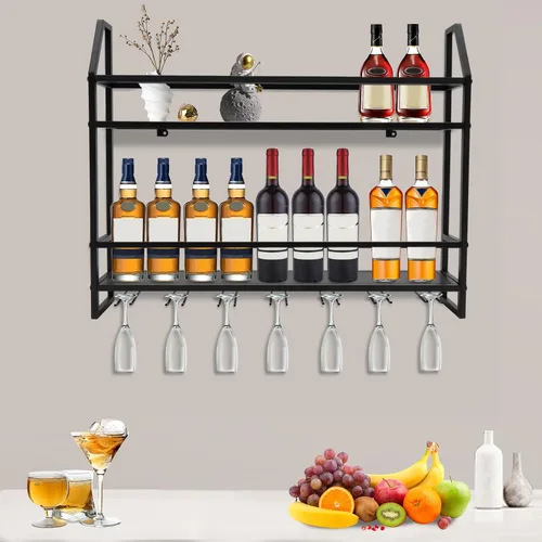 Vista 5 de DNYSYSJ Estantes de vino montados en la pared, estantes de acero de 2 capas con estante de exhibición, capacidad para 7 vasos y 12 botellas de vino