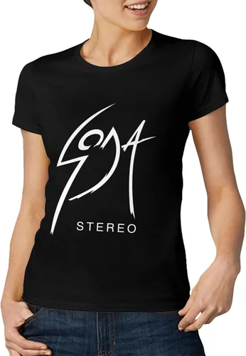 Vista 4 de Soda Music and Stereo - Camiseta de manga corta para mujer, diseño de cuello redondo, estampado casual, color negro