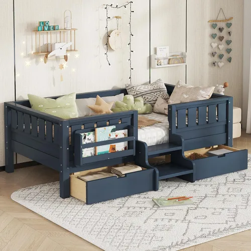 Vista 10 de Bellemave Cama Montessori Twin Kids con escaleras, estantería y cajones, beige Cajón beige