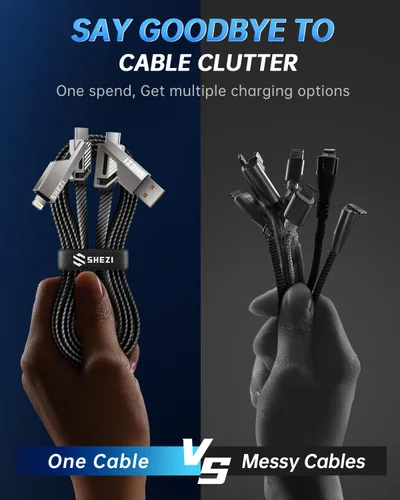Vista 5 de Cable USB C ultra corto 4 en 1 de 0.6 pies compatible con cable Lightning [carga rápida y transferencia de datos] cable de carga plano trenzado