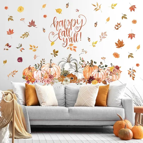 Vista 8 de Calcomanías de pared de árbol de otoño de 33.46 x 29.92 pulgadas, calcomanías de pared de árbol de acuarela con hojas de arce, decoración de pared