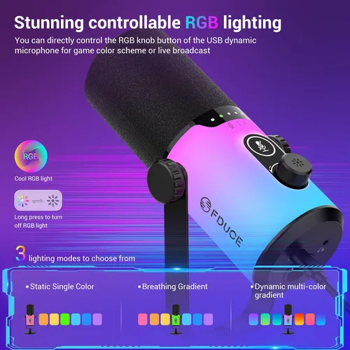 Vista 4 de FDUCE Juego de micrófono dinámico para juegos, micrófono de computadora USB/XLR para podcast con soporte de brazo extensible, luz RGB, botón
