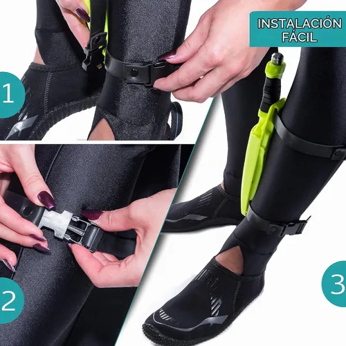 Vista 4 de Cuchillo de seguridad de buceo de acero inoxidable con correas ajustables de liberación rápida para las piernas y funda de bloqueo, hoja de 5