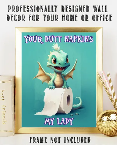 Vista 9 de Your Butt Napkins My Lady Adorable Baby Dragon Cartoon Holding a Roll of Toilet Paper - 11x14 Unframed Wall Art Print - Funny and Cute Bathroom