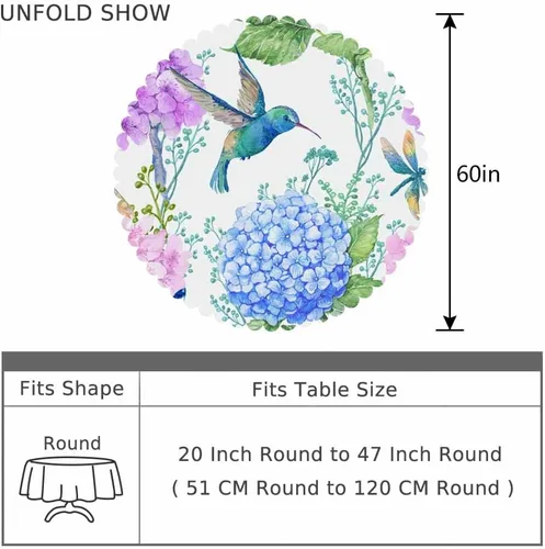 Vista 4 de AOYEGO Mantel redondo de primavera con diseño floral de pájaros, libélula, mariposa, hortensia, primavera, 60 pulgadas, para comedor, fiesta