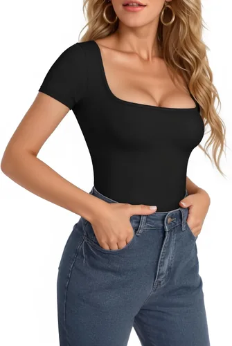 Vista 164 de MANGOPOP - Body de manga corta con cuello cuadrado para mujer