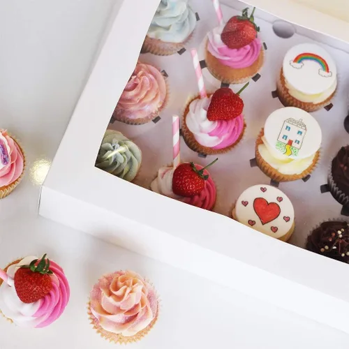 Vista 4 de YunKo Paquete de 15 cajas para magdalenas, 12 recipientes para cupcakes con ventana, cajas blancas de panadería para magdalenas, postres, fiestas