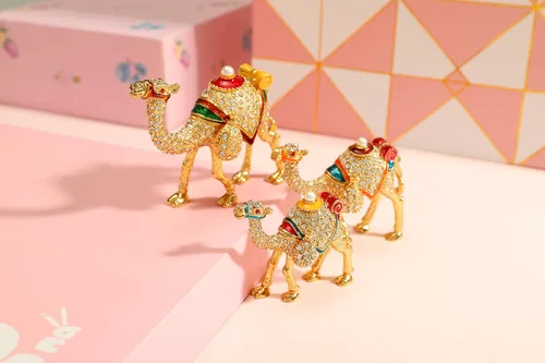 Vista 4 de Furuida Una familia de tres camellos de oro esmaltado Joyero Joyero con bisagras de animales clásicos Adornos de lujo regalo para la decoración