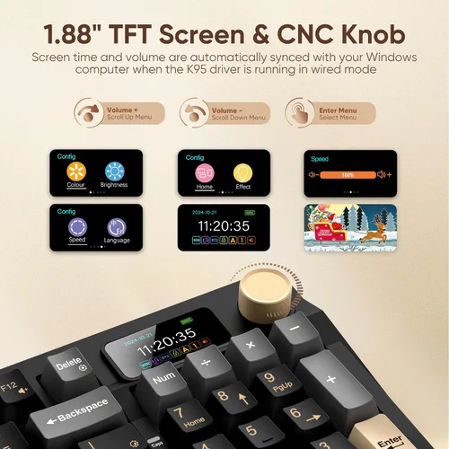 Vista 3 de RedThunder Teclado mecánico inalámbrico K95, pantalla y perilla TFT, Tri-Mode BT5.02.4GHzUSB-C intercambiable en caliente personalizado