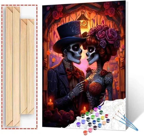 Vista 32 de Tucocoo Decoración del Día de los Muertos, pintura por números, esqueleto para parejas, pintura por números sobre lienzo con pinceles y pigmento