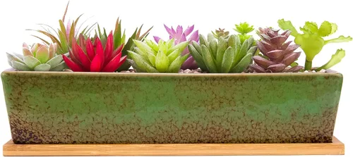 Vista 8 de Macetas para suculentas, macetas grandes de 12.1 pulgadas con bandeja de drenaje, maceta rectangular larga de cerámica para cactus de Azul
