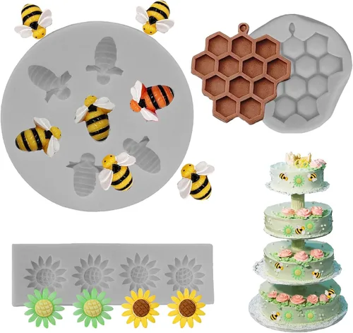 Vista 4 de Molde de silicona con temática de abeja, diseño de panal, girasol y abeja, kit de moldes para cupcakes, colmena, chocolate, fondant, dulces, Gris
