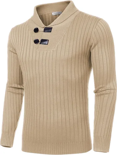 Vista 2 de COOFANDY Suéter de punto con cuello de chal para hombre, casual, ajustado, con botones, suéter de punto