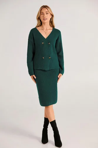 Vista 8 de PRETTYGARDEN Conjunto de 2 piezas de suéter para mujer, con cuello en V, con botones, cárdigan y falda entallada