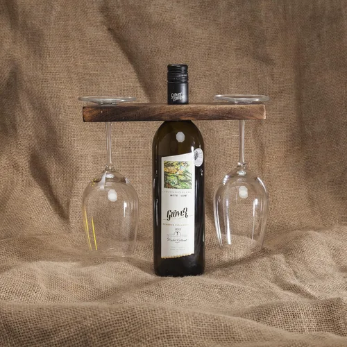 Vista 4 de GoCraft Botella de vino de madera antigua hecha a mano y soporte para vidrio, soporte rústico de encimera para 1 botella y 2 vasos, organizador
