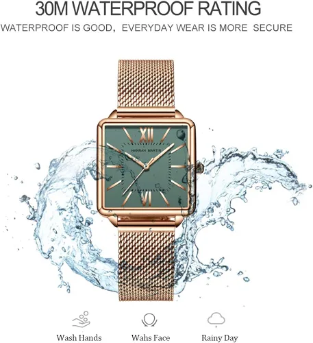 Vista 4 de HANNAH MARTIN Relojes para mujer, correa de acero inoxidable de malla de oro rosaplata, casual, impermeable, reloj de pulsera para mujer con esfera