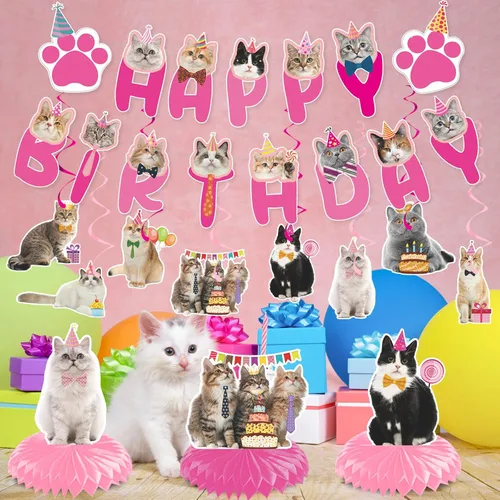 Vista 4 de Remolinos colgantes para fiesta de cumpleaños de gatos - NOVBAUB 20 unidades, encantadores suministros de fiesta de cumpleaños de gato rosa, centros