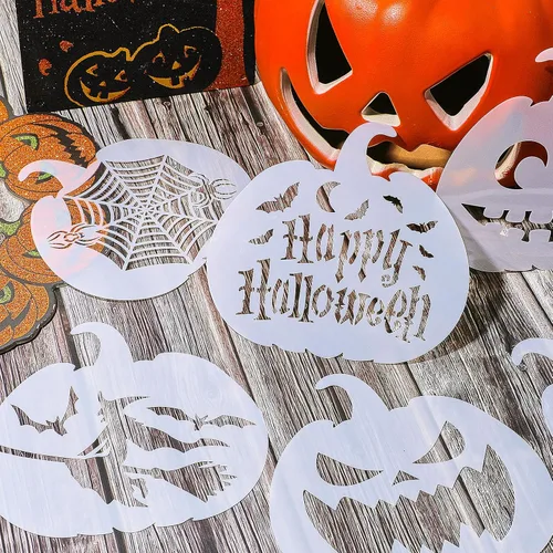 Vista 4 de Plantillas decorativas de calabazas de Halloween de 16 piezas de plantillas de calabaza de plástico reutilizables de dibujo de calabaza plantillas