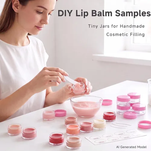Vista 4 de Contenedores de cosméticos con tapas, tarros de loción de plástico, tarros para muestras, con tapa rosa, 0.2 oz, 25 unidades, Tarro de 3 gramos.