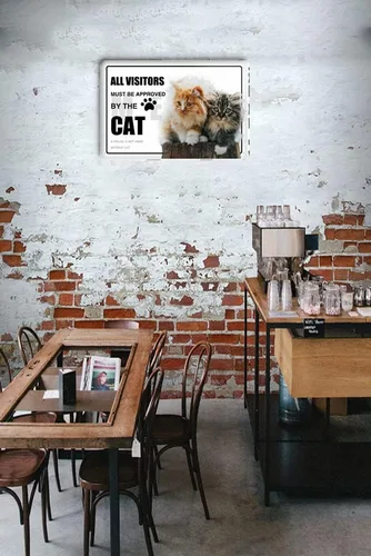 Vista 2 de Cartel de metal con diseño de gato lindo y divertido para mascotas y gatos, con texto en inglés "All Visitors Must Be Acord", póster A House is Not