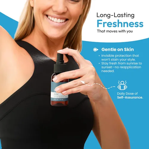 Vista 4 de SweatyB® Spray desodorante de cuerpo completo, no irritante, sensible a la piel, para mujeres y hombres, fabricado en Estados Unidos, cedro, 2