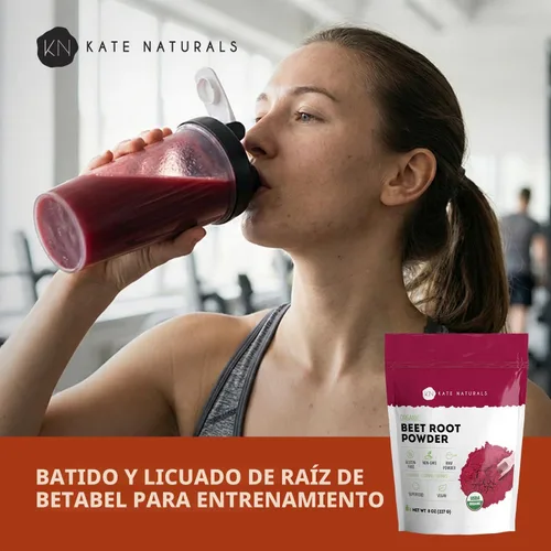 Vista 3 de Kate Naturals Polvo de raíz de remolacha orgánica para batidos, hornear y jugo. Superalimento de remolacha cruda y colorante alimentario rojo