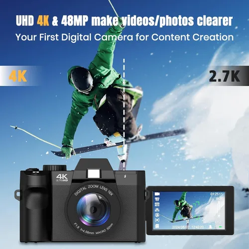 Vista 2 de Cámara digital 4K para fotografía y video enfoque automático de 48 MP con WiFi Cámara de vlogging de enfoque automático para YouTube con pantalla