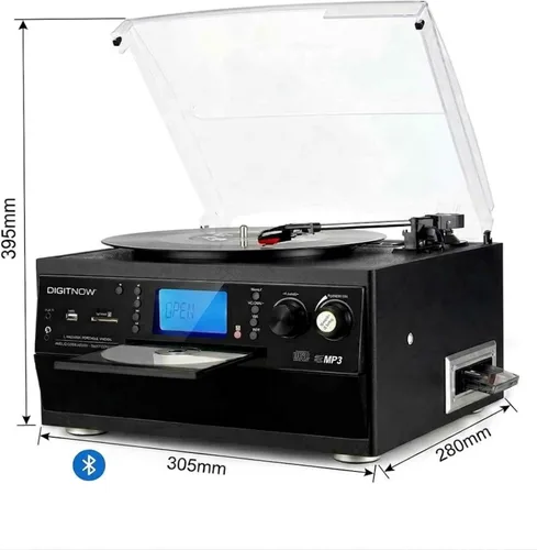 Vista 9 de FEKTIK Tocadiscos Bluetooth 10 en 1 con altavoz incorporado, reproductor de discos de vinilo, casete de CD y radio FM, AUX en USB grabación MP3 Negro