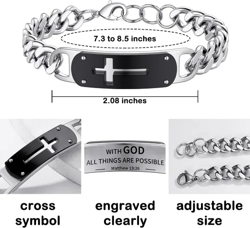Vista 4 de Pulsera de cruz para hombres y niños, pulsera de cadena de cruz cubana de acero inoxidable, versículo de la Biblia, regalo de joyería cristiana