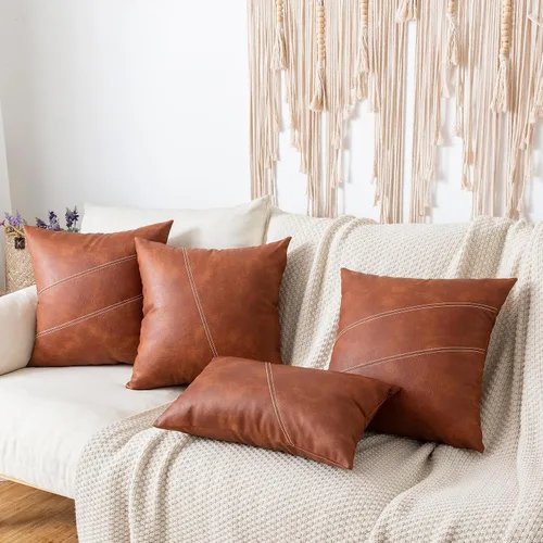 Vista 2 de GEGELICA Juego de 2 fundas de almohada decorativas de piel sintética estilo granja, 20x20 pulgadas, fundas de almohada modernas estilo bohemio