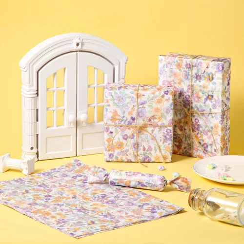 Vista 5 de 30 piezas de papel de regalo estampado de flores, 13.77 x 19.68 pulgadas, papel de seda floral morado, paquete de regalo, papel de seda