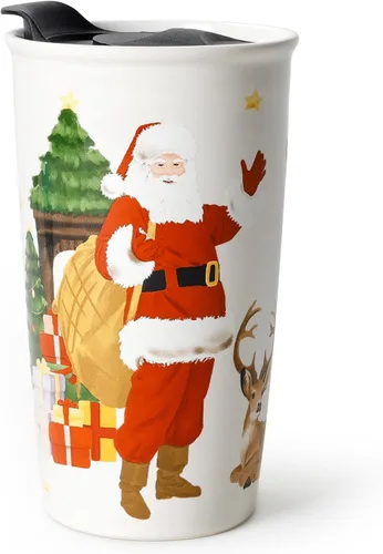 Vista 9 de ANTIS'S HOME Taza de Viaje de Cerámica con Tapa, Taza de Café Tumbler de Doble Pared Beige con Patrón de Flores, Taza Alta Reutilizable, Tapa