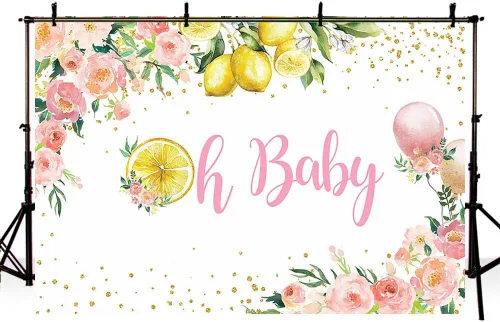 Vista 4 de SENDY Telón de fondo de baby shower de limón de 7 x 5 pies, suministros de decoración de fiesta de bebé para niña, globo rosa, floral, dorado