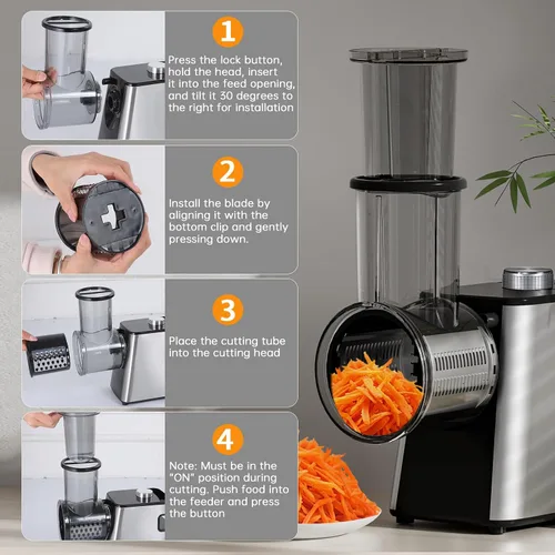 Vista 7 de Rallador de queso eléctrico 7 en 1, rallador de queso de 300 W para queso de bloque con 14 cuchillas, pelador y cepillo en Y, triturador automático