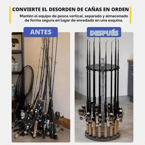 Vista 4 de Rush Creek Creations Soporte redondo para 16 cañas de pescar para garaje, soporte de cañas de pescar de acceso 360° para cañas de pescar, carretes