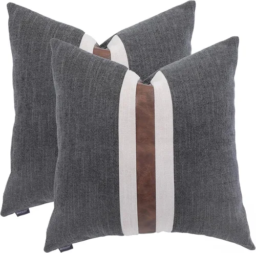 Vista 8 de Juego de 2 fundas de almohadas decorativas de cuero, decoración de exteriores, lino con parches, almohadas de cuero sintético marrón, funda