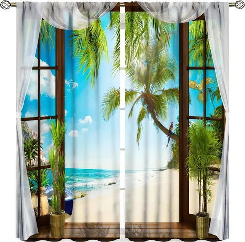 Vista 11 de Cortinas opacas para dormitorio con temática de vacaciones en la playa, palmeras, estilo verano, con bolsillo para barra, para sala de estar