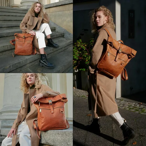 Vista 7 de BERLINER BAGS Mochila vintage de cuero genuino Utrecht, mochila para laptop, mochila de viaje para mujeres y hombres, café M, Mediana