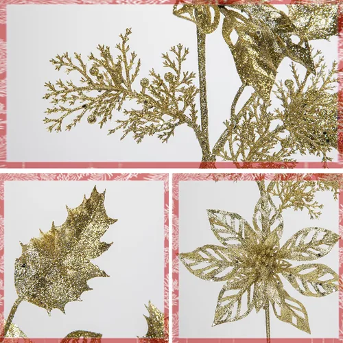 Vista 3 de 6 piezas de selecciones para árbol de Navidad de 25 pulgadas con purpurina, flores de Pascua con purpurina en aerosoles con flores, hojas de acebo