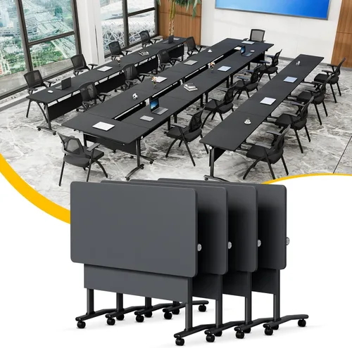 Vista 12 de Mesa de conferencias plegable con ruedas, mesa modular para sala de conferencias con 2 ojales para cables, mesas móviles de sala de reuniones