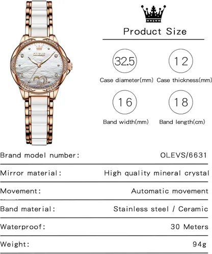 Vista 6 de OLEVS Elegante reloj automático para mujer, elegante, de cara grande, con diamante, resistente al agua, correa de cerámica de acero inoxidable